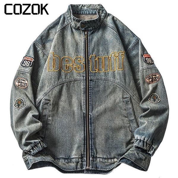 

men's jackets american vintage denim jacket for men spring heavy industry loose letter embroidery coat varsity casual baseball outwear, Black;brown