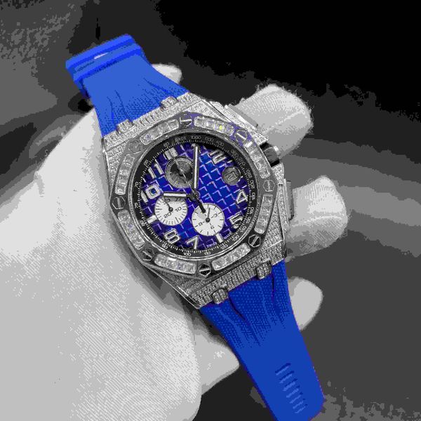 

high quaility men quartz watch chronograph full works stainless steel diamond silver case 44mm blue face with blue rubber strap, Slivery;brown