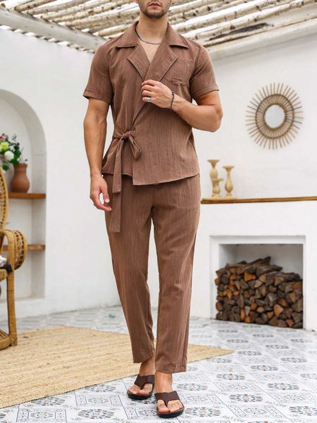 

men's clothing men lapel neck shirt pants set, White;black