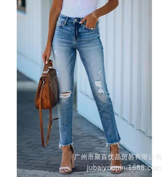 

women039s jeans wepbel women ankle length denim pants trousers ripped vintage button pockets fashion summer7234587, Blue