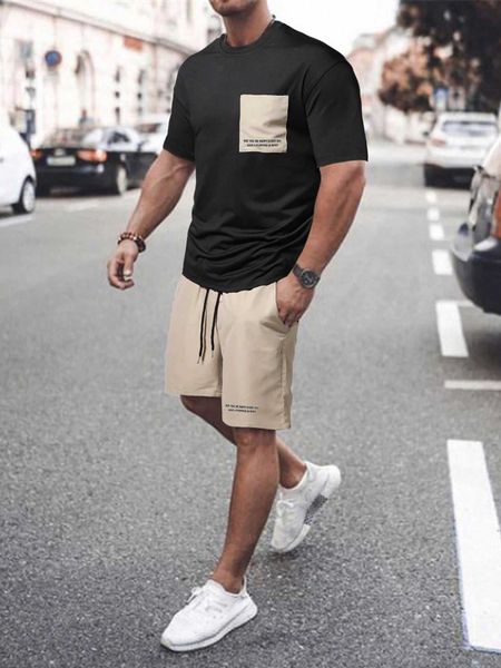 

men's clothing men slogan drawstring waist shorts set, White;black