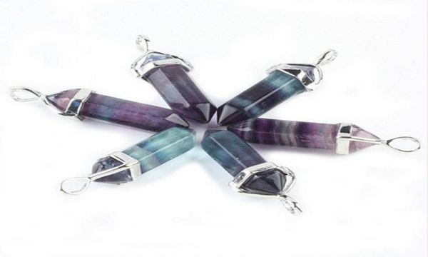 

bulk 5 pieces rainbow fluorite stone healing chakra prism point gemstone pendulum bead silvery pendant charm jewelry1055177, Black