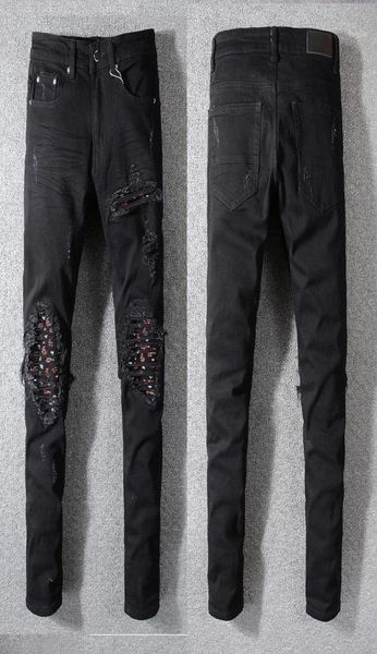 

new italy style 573 men039s distressed hollow out pants art ribs patches skinny black jeans slim trousers size 284013686915, Blue