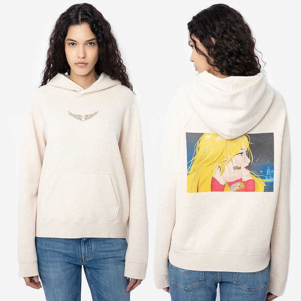 

women hoodie autumn and winter 23 new french style zv cake white ink digital printing flower yarn inner fleece women's round neck sweat, Black