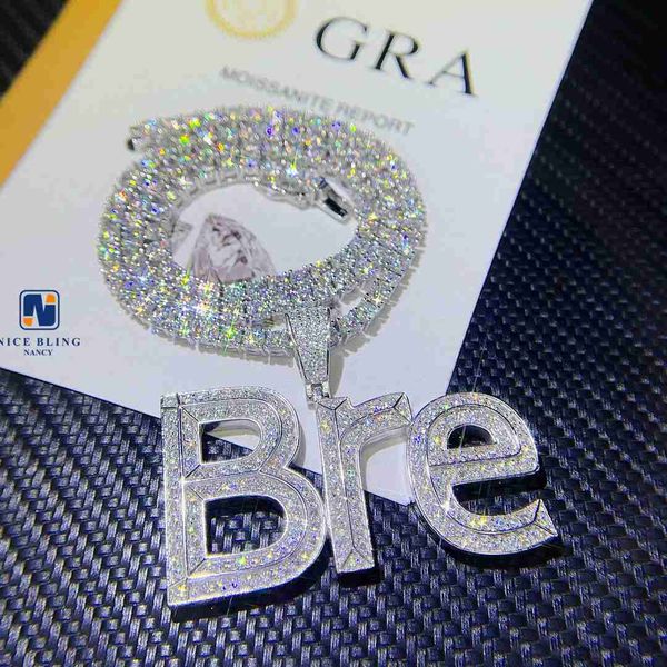 

hip hop jewelry 925 sterling silver iced out vvs moissanite custom letter initial pendant