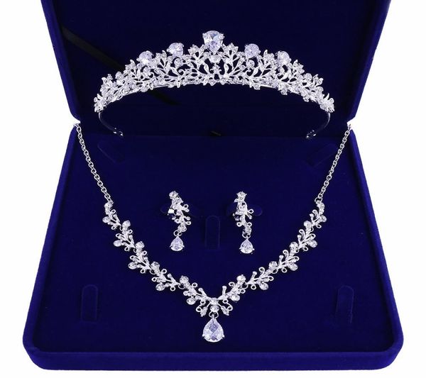 

highquality new bride crown tiara threepiece zircon necklace earrings princess birthday wedding with female accessories gift6520835, White