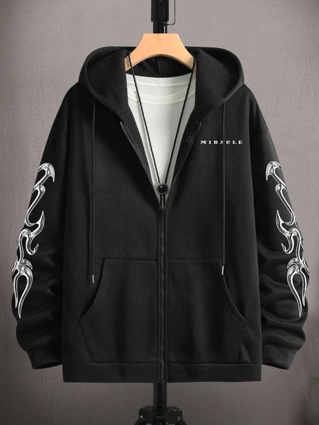 

men 's fashion emrg men letter graphic zip up drawstring hoodie, White;black