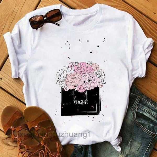 

new 2023 clothes flower perfume bottle sweet short sleeve printed shirt female woman tee, White