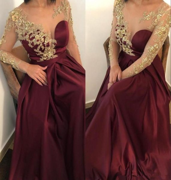 

2020 new burgundy satin a line long evening dresses 2019 sheer long sleeves gold 3d floral lace applique beaded floor length prom 5113434, Black;red