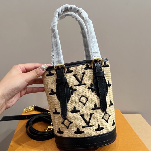 

designer womens mini bucket bag shoulder bag classic embroidered straw bag handle handbag leather shoulder strap underarm bags crossbody bag