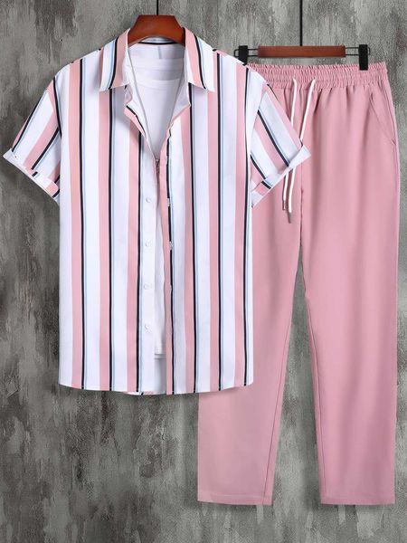 

men's clothing men striped shirt drawstring waist pants, White;black