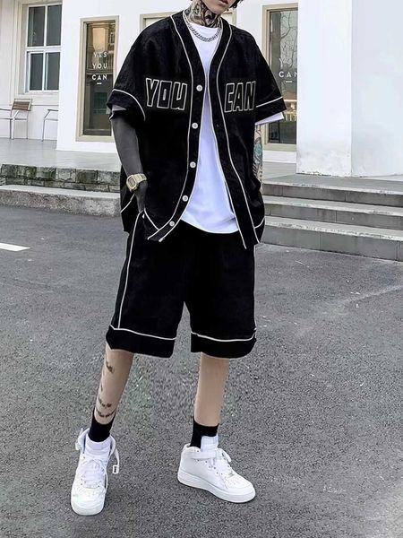 

men's clothing sporsity men letter piping shirt shorts, White;black