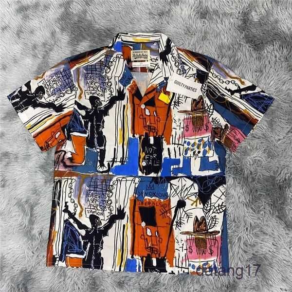 

2023 men's graffiti oversized casual short sleeve movie collection spotted pattern wacko maria hawaiian women silk shirt beach tees clo, White;black