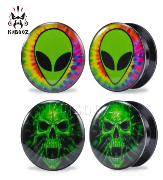 

kubooz acrylic green skull alien ear plugs tunnels earing gauges piercings body piercing jewelry expander whole 625mm 80pcs6030825, Silver