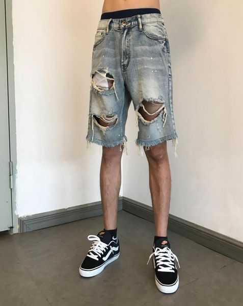 

mens summer designer blue black destroyed denim shorts streetwear frayed hems holes cotton paint splatter straightfit ripped deni5229687