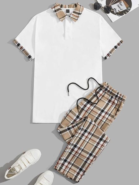 

men's clothing men cotton plaid polo shirt drawstring waist pants, White;black