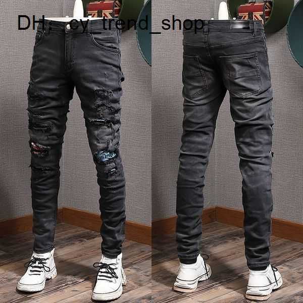 

stretch design denim jeans biker fit for mens slim painted patch trim leg cowboy pants male 21, Blue