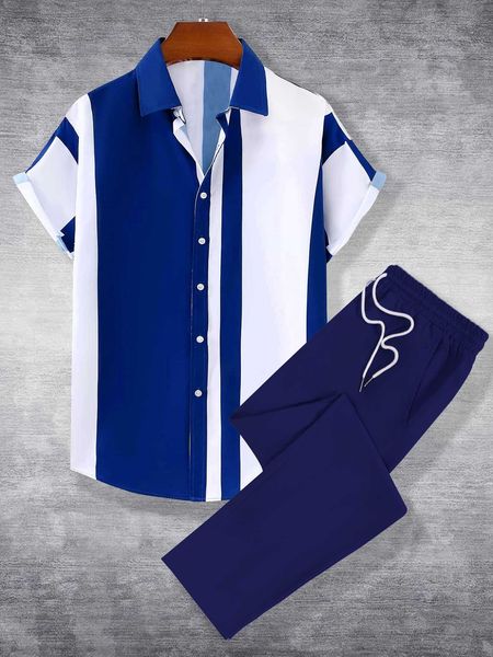 

men's clothing men colorblock shirt drawstring waist pants, White;black