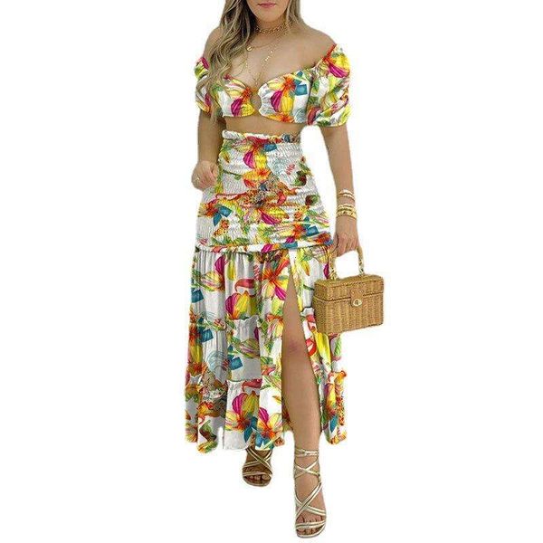 

spring trend women dress s ins floral print slit skirt suit, White