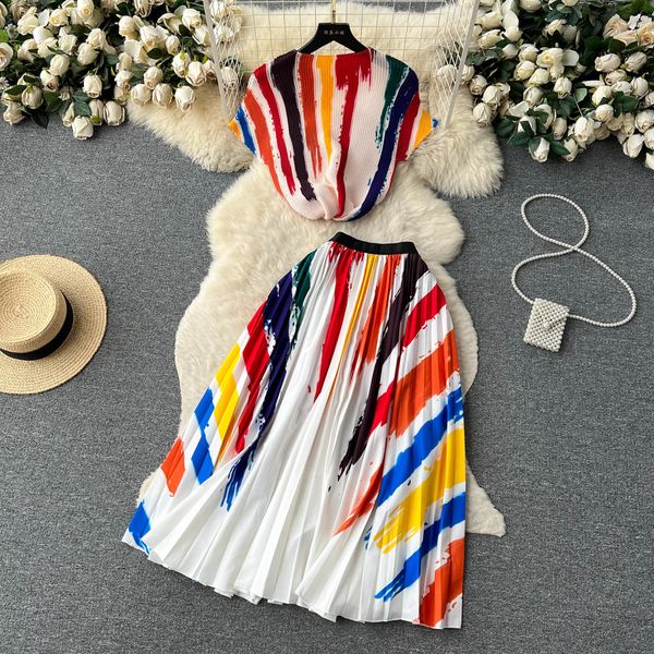 

two piece dress runway skirts two piece suit women stretchy pullover +chic midi pleated a line skirts lady summer casual 2 pcs sets outfits, White