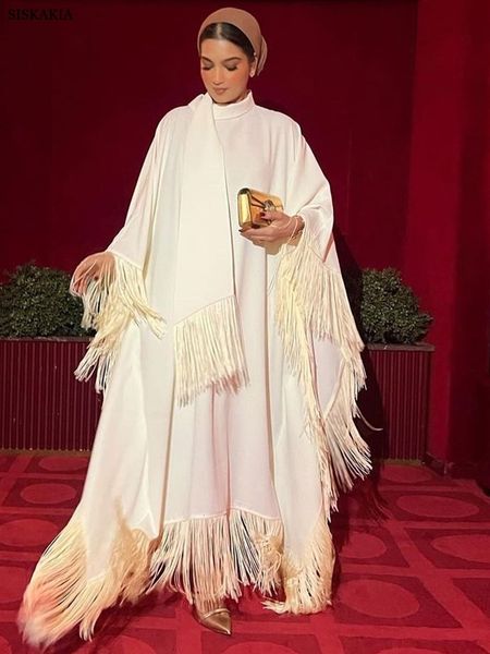 

ethnic clothing modest muslim batwing sleeve tassel kaftan light apricot corban eid al adha party evening dresses moroccan turkey dubai abay, Red