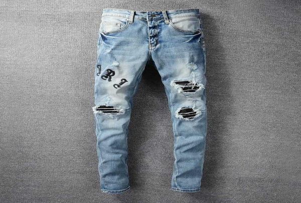 

men039s jeans amri ripped pants fashion hip hop blue letter printing good version high street youth slim fit denim elastic l40s6358472