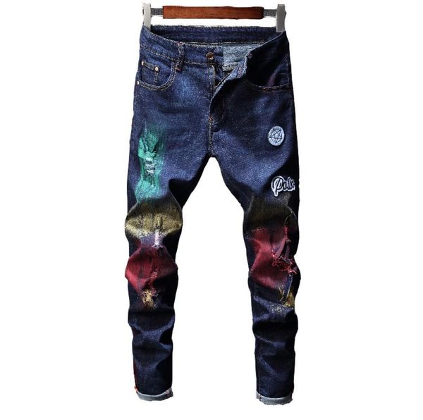 

men039s jeans design skinny men streetwear printed punk pants9097160, Blue