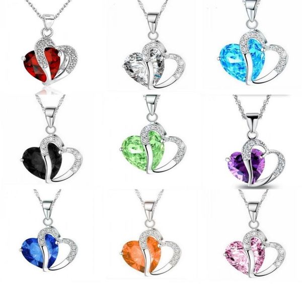 

10 colors luxury austrian crystal necklaces women rhinestone heart shaped pendant silver chains choker fashion jewelry gift bulk 14125377