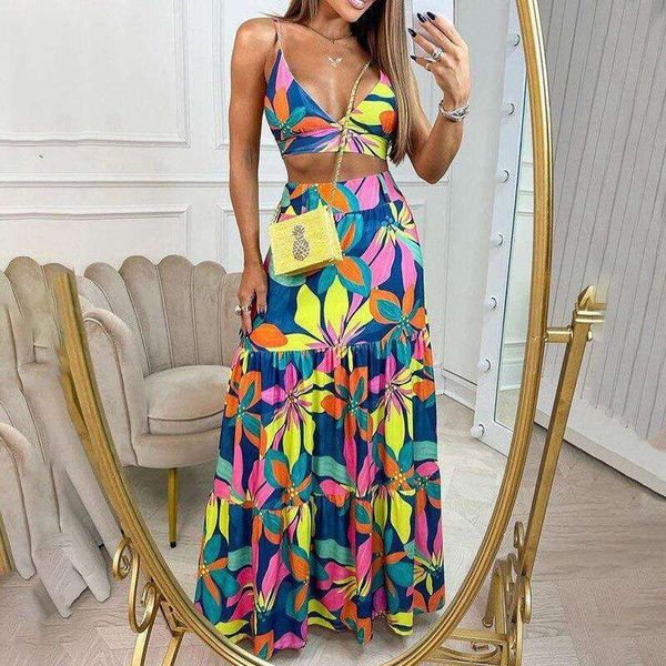

women s pant summer printed v neck sling graceful long expansion skirt two piece suit, White