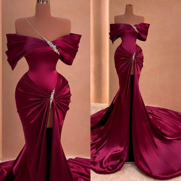 

burgundy mermaid evening gown off shoulder crystal straps party prom dresses pleats sweep train formal long dress for red carpet special occ, Black;red