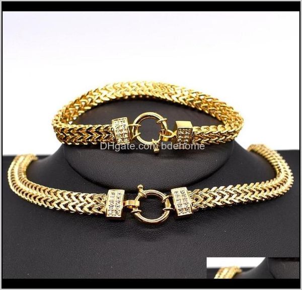 

settings jewelry drop delivery 2021 amumiu arrival men chain necklace bracelet sets special lock stainless steel women gold color jewel86579, Slivery;crystal
