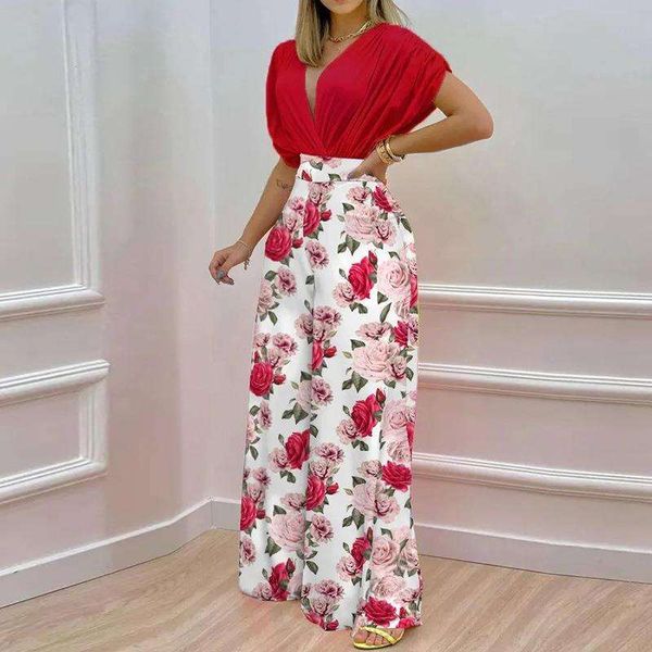 

women s ins summer elegant pants v neck printed wide leg fashion casual set, White