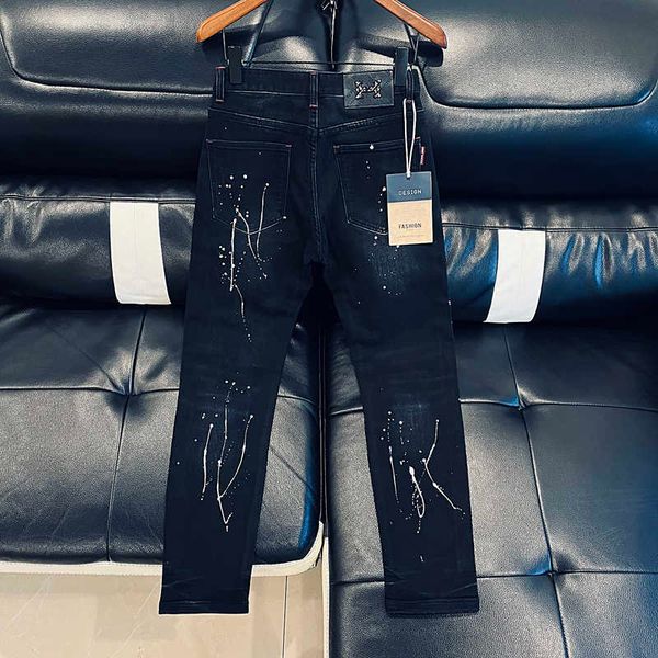 

high end quality black ripped jeans for men in spring and autumn, korean version, stretch, slim, speckled ink design, versatile pants with s, Blue