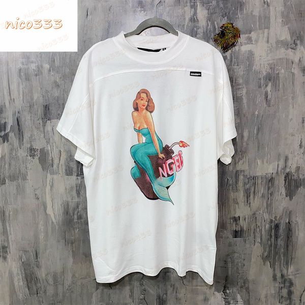 

23ss bombshell mermaid letters printed pattern cotton round neck loose versatile black white casual men women short sleeve, White;black