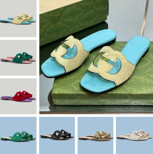 

luxury summer women interlocking sandals shoes cut-out slide beach flats suede leather walking slip on slippers ladies casual flip flops ori, Black