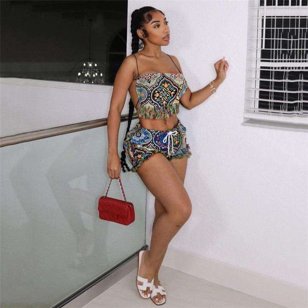 

summer women s clothing pant embroidery ethnic style tassel vest high waist hip lift short suit, White
