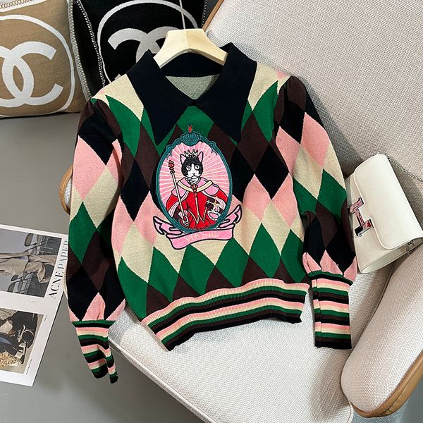 

women's knits tees runway king cat embroidery pullover sweater women spring autumn harajuku contrast color cartoon knitted cute jumper, White