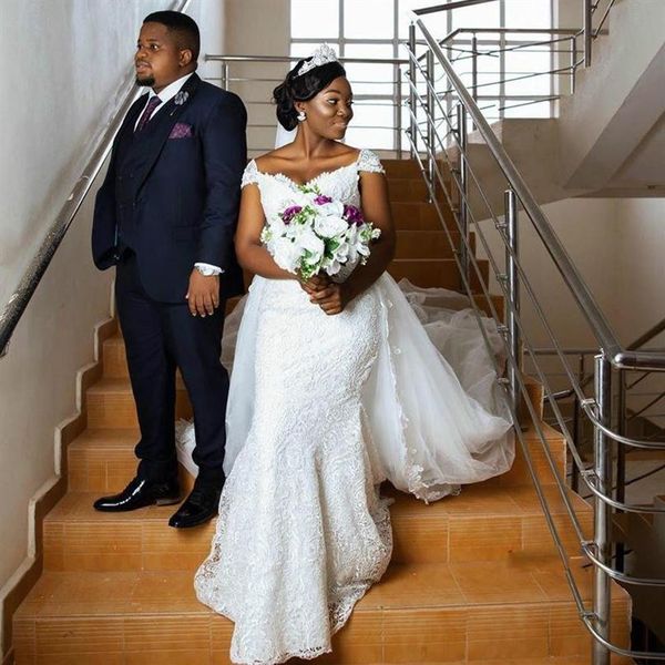 

african full lace mermaid wedding dresses detachable skirt cap sleeve plus size bridal gowns appliques overskirt corset up back sw252b, White