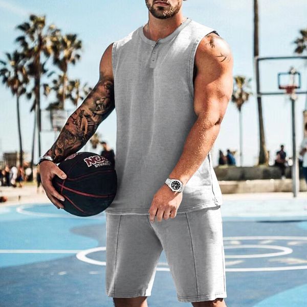 

men s tracksuits 2023 crew neck sleeveless casual sports lace up elastic waist fitness shorts two piece set 230721, Gray