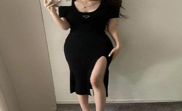 

woman clothing casual dresses short sleeve summer womens dress slit skirt outwear slim style with budge designer lady dresses1748855, Black;gray