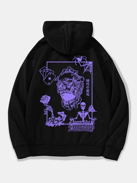 

men 's fashion romwe guys letter skull graphic drawstring hoodie, White;black