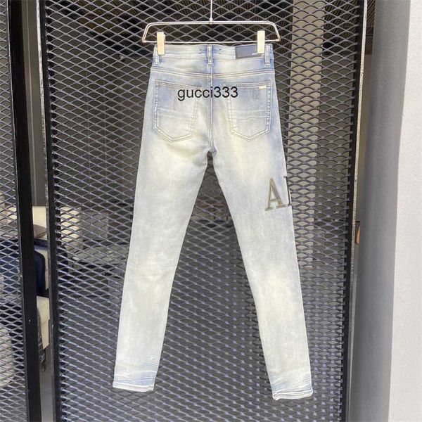

men's jeans designer fashion pants cool stylish leisure ripped brand wash hole letter embroidery collage leather amirly slim fit high s, Blue