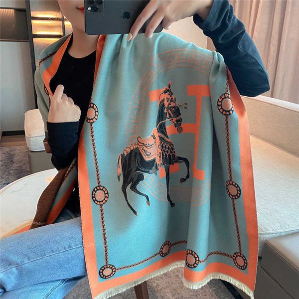 

autumn winter new h horse imitation cashmere scarf women's fashion high sense light and extravagant cape style, Blue;gray