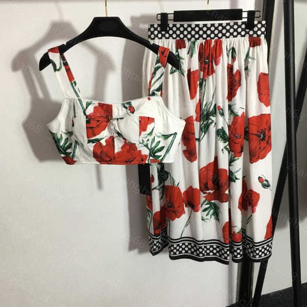 

23ss womens designer clothing skirt set big red floral print strapless halter polka dot high-waisted skirt sets womens clothing a1, White