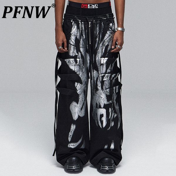 

men s pants pfnw spring autumn straight cargo silver brush ribbon darkwear high street cotton chic wide leg jeans 28a3020 230721, Black