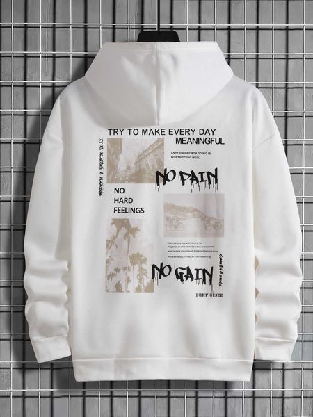 

men 's fashion homme men slogan graphic drawstring lined hoodie, White;black