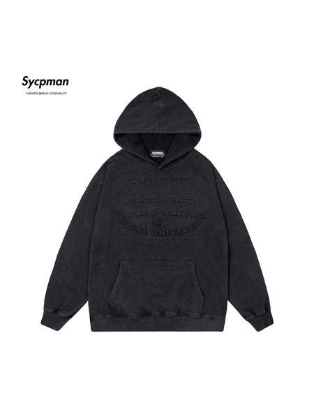 

men's hoodies sweatshirts sycpman american style vintage embossed letter hooded sweater for men loose hip hop couple casual clothing au, Black