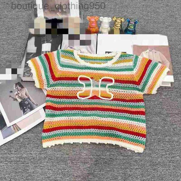 

fashion designer knits tees rainbow stripe hollow hook flower knit shirt 23 summer loose sweet short sleeve women top, White