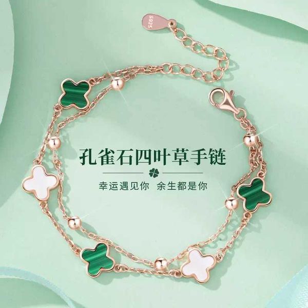 

malachite four leaf grass sterling s925 girls' red agate silver bracelet hand jewelry gift for girlfriend, Golden;silver