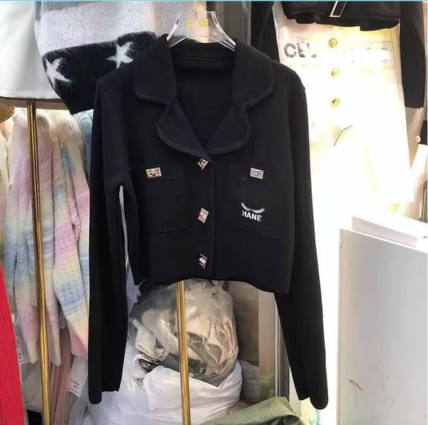 

spring designer women's jackets lapel polo fashion knit pocket slim fit white embroidery printed metal buckle knitted long-sleeved card, Black;brown